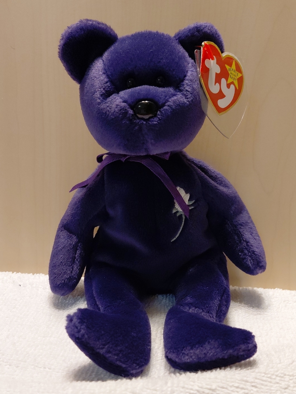 Ty Purple Velvet Bear with White Rose Embroidery